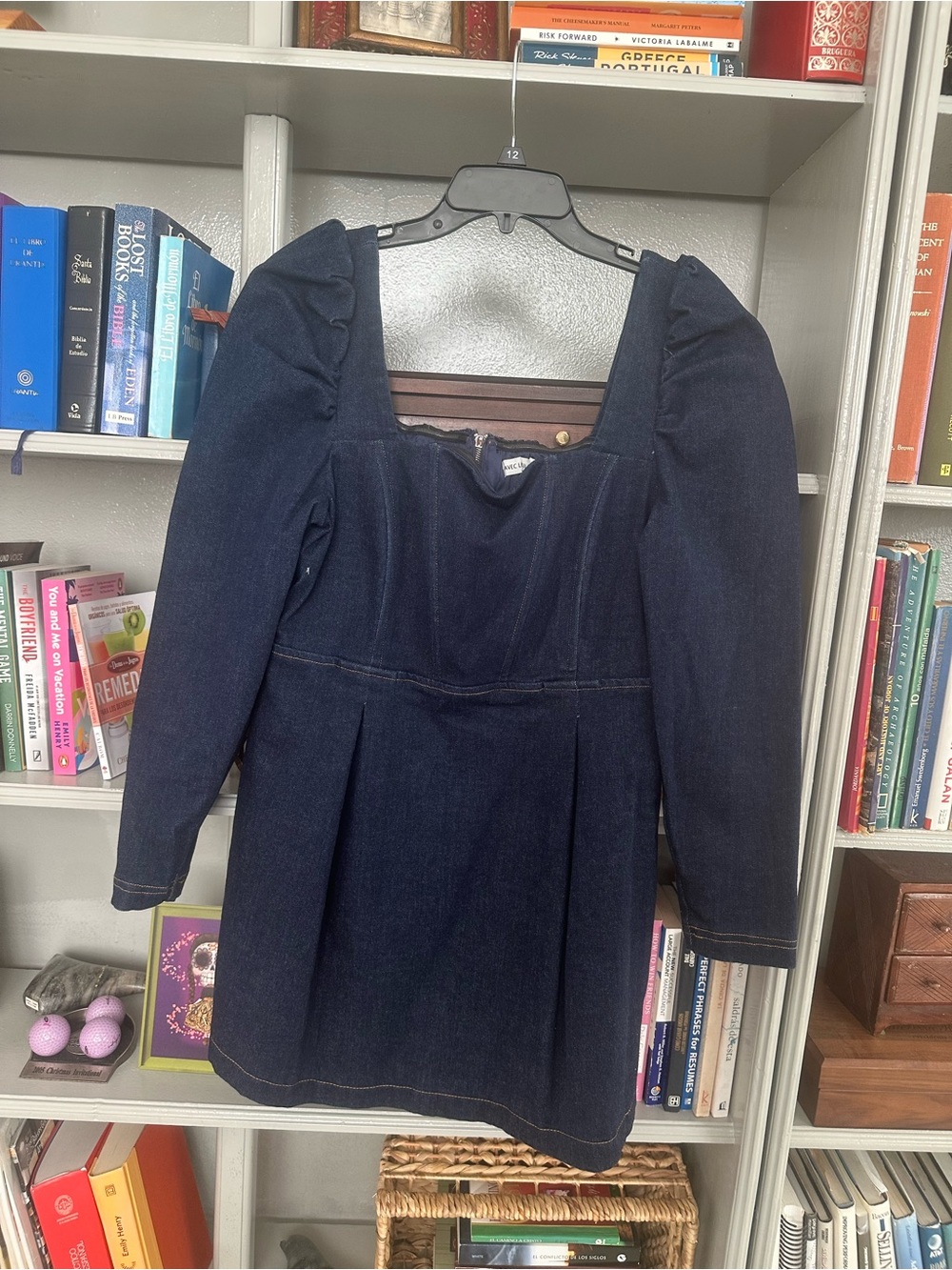 Avec Les Filles Dark Blue Denim Puff-Sleeve Dress